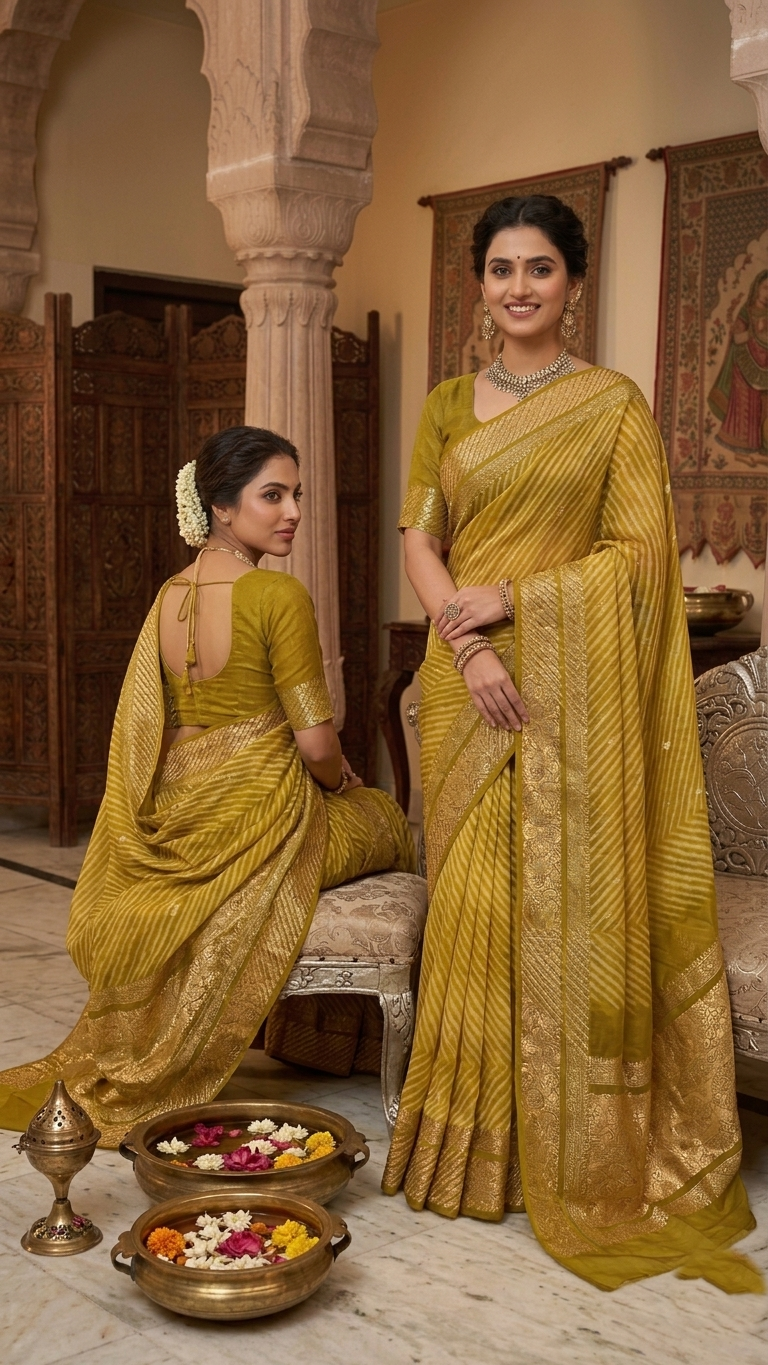 A smiling model in a heritage Banarasi setting wearing a sheer Mustard Yellow Kora Tissue silk saree with diagonal Arasi Shibori pleats and a rich gold zari border.