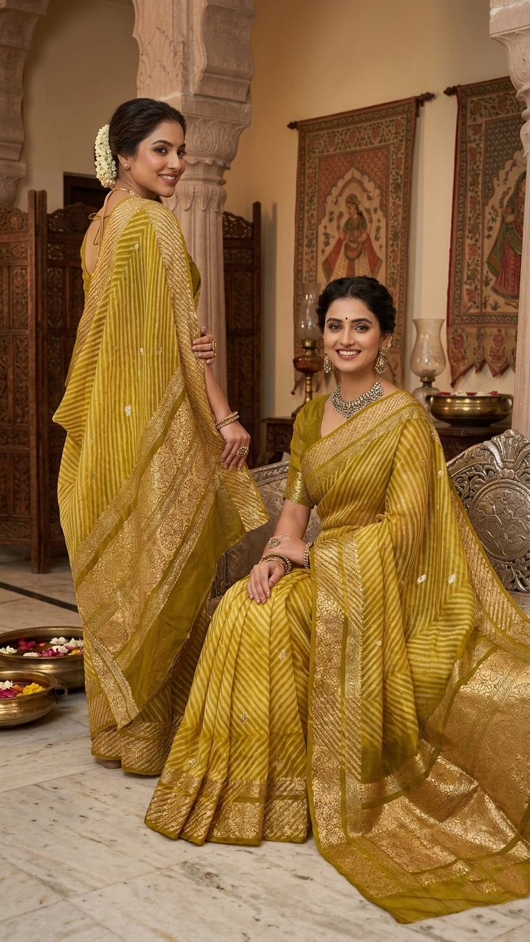 A smiling model in a heritage Banarasi setting wearing a sheer Mustard Yellow Kora Tissue silk saree with diagonal Arasi Shibori pleats and a rich gold zari border.