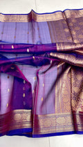 Dual Tone Blue Banarasi Handloom Kora Tissue Silk Saree featuring all-over gold and silver zari buttas, intricate gold zari borders, and a matching rich pallu.