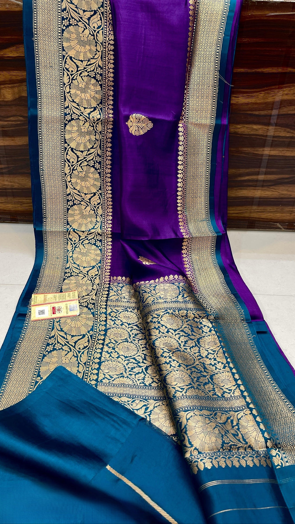 Dark Purple Banarasi handloom raw mango silk saree featuring rich gold mashru borders and intricate Kaduwa weaving.