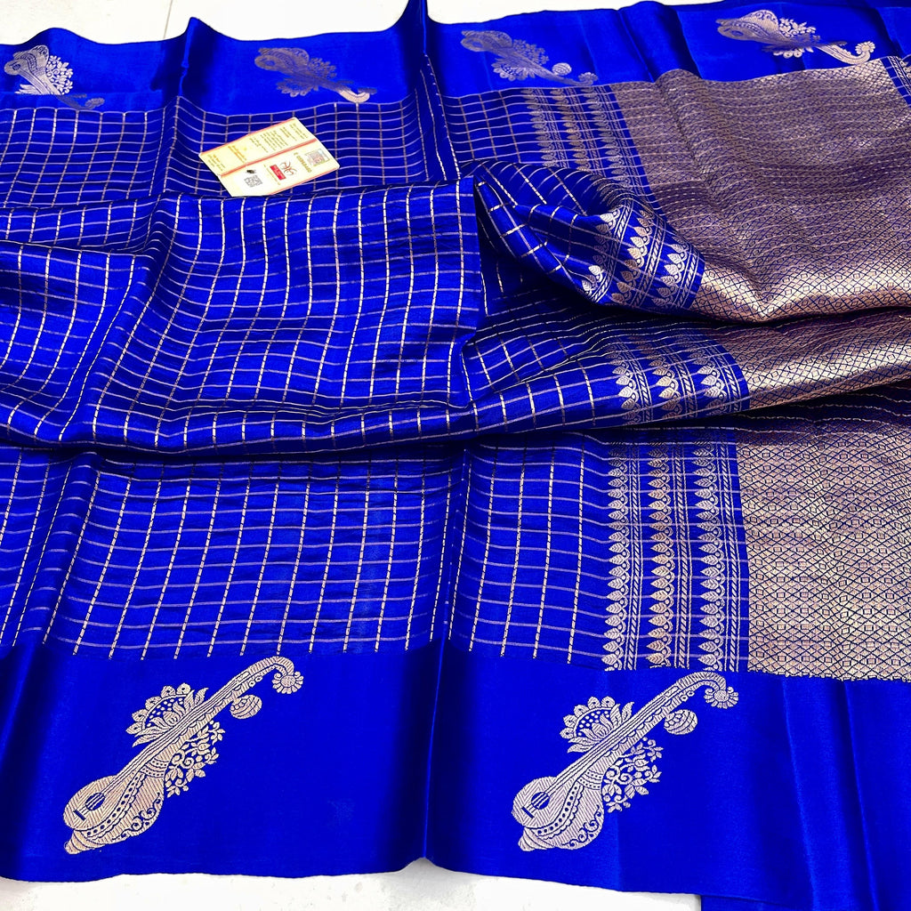 Royal Blue Banarasi Handloom Raw Mango Silk Saree with gold zari buttas and Mashru borders