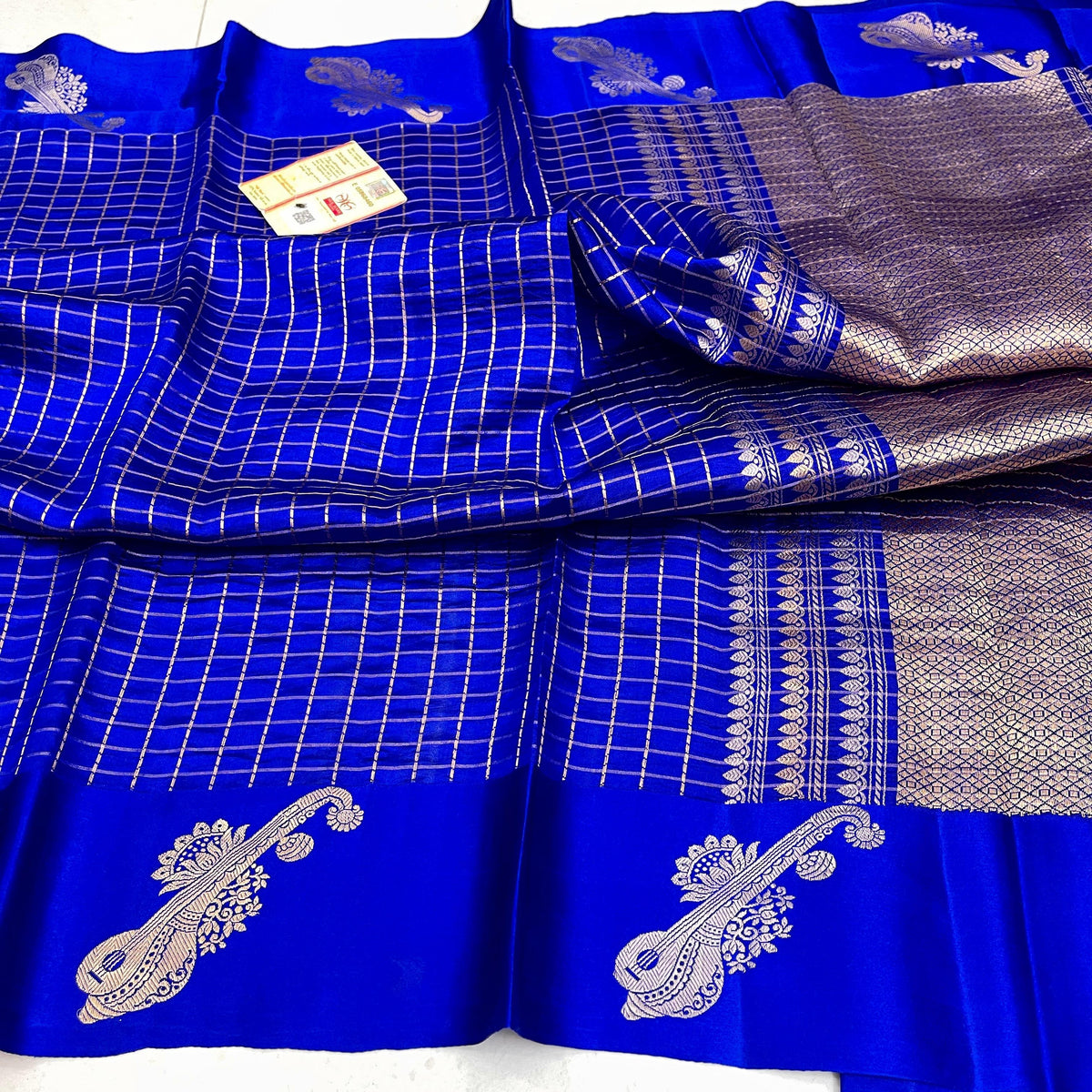 Royal Blue Banarasi Handloom Raw Mango Silk Saree with gold zari buttas and Mashru borders