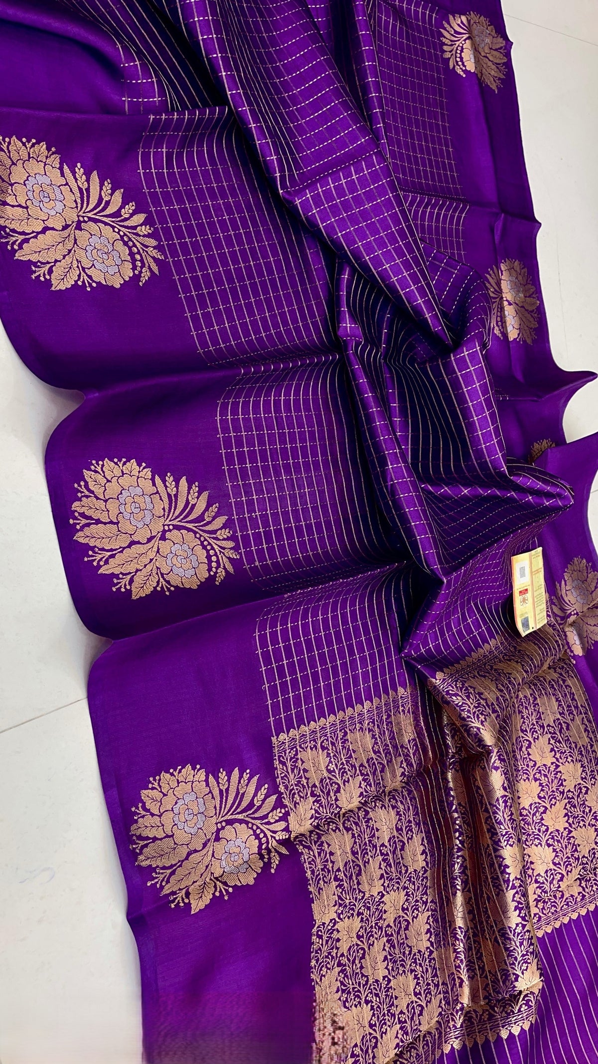 Purple Banarasi Handloom Raw Mango Silk Saree with gold zari checks and Mashru borders