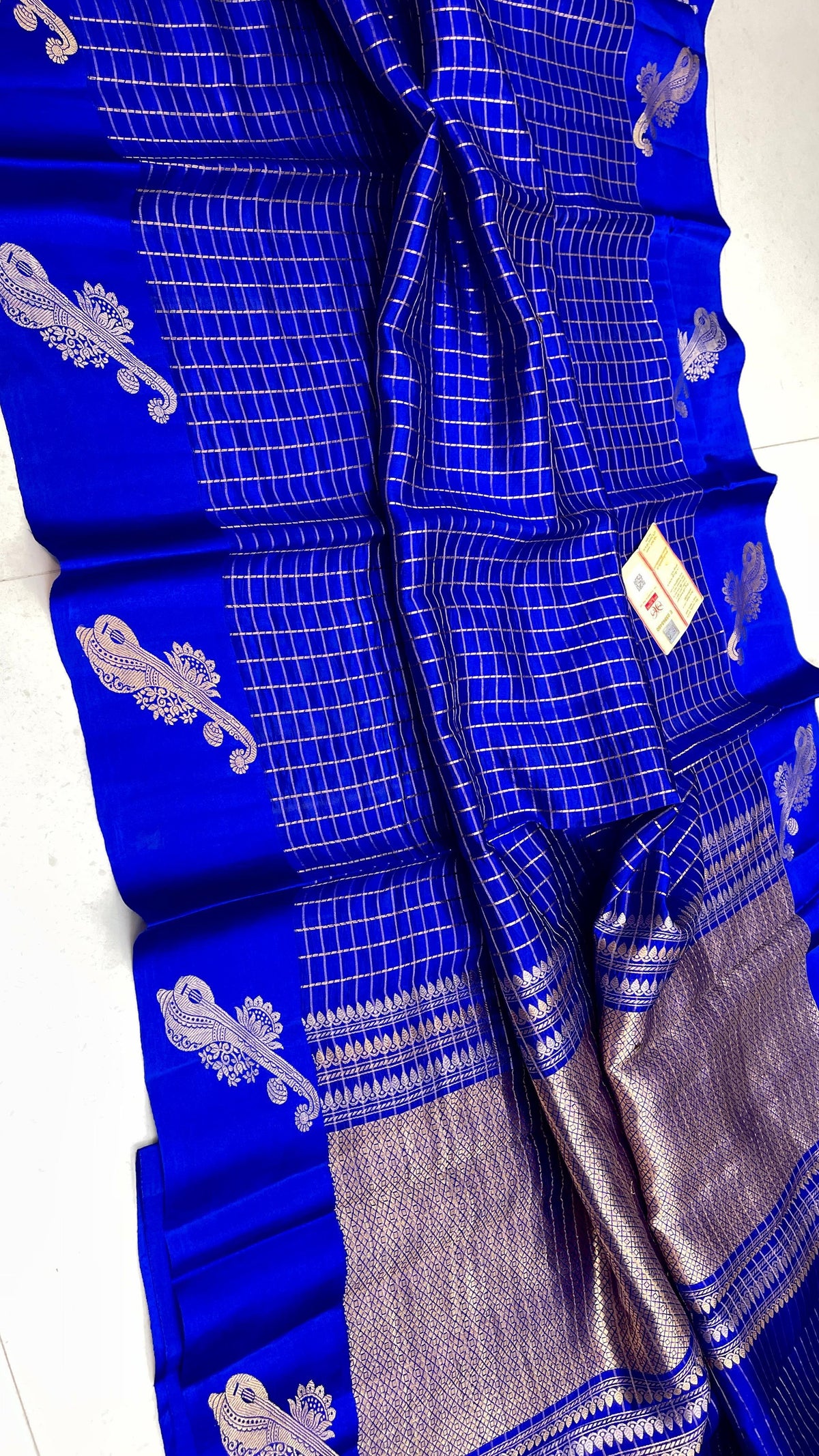 Royal Blue Banarasi Handloom Raw Mango Silk Saree with gold zari buttas and Mashru borders
