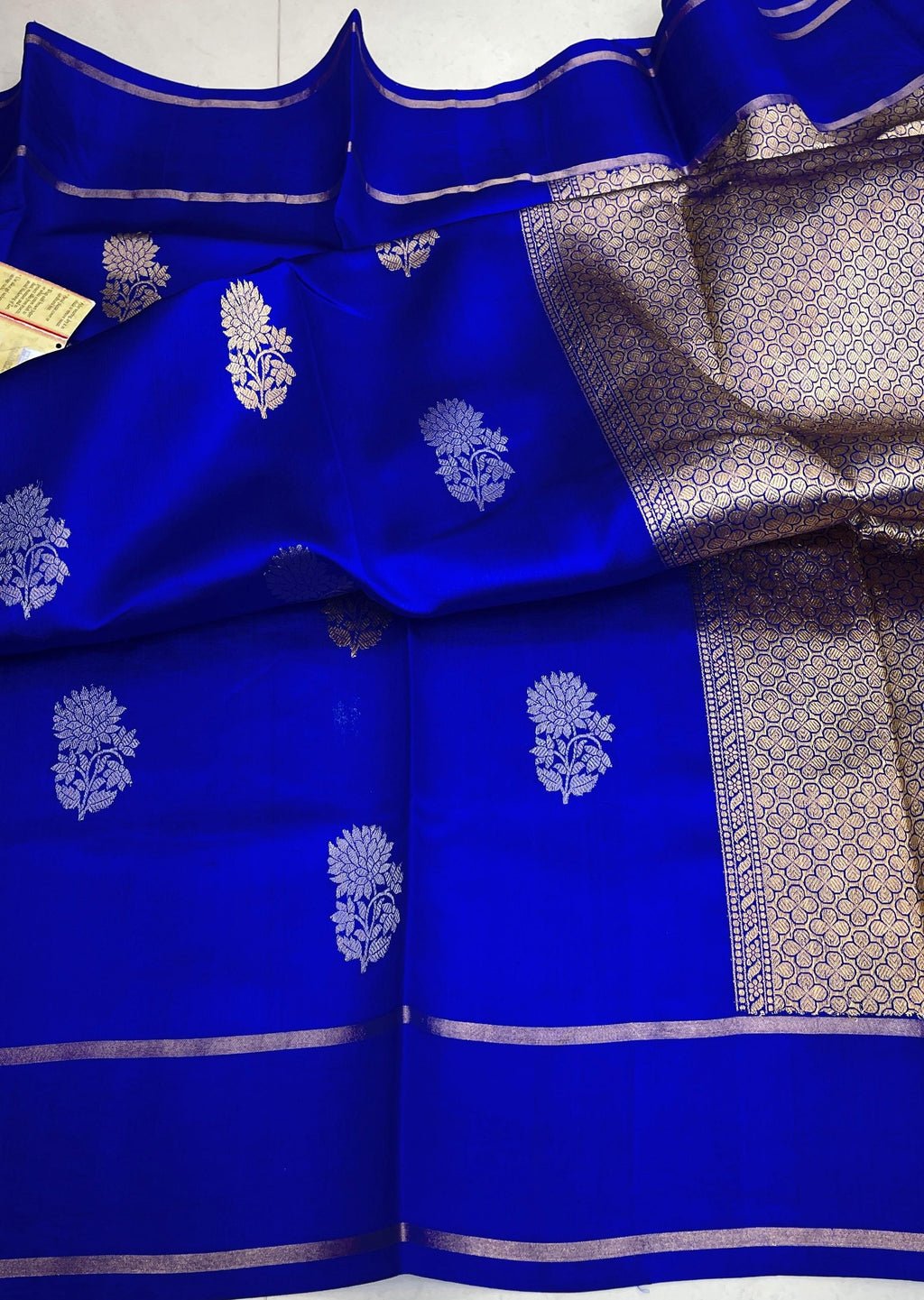 Royal Blue Banarasi Handloom Raw Mango Silk Saree with gold zari buttas and Mashru borders