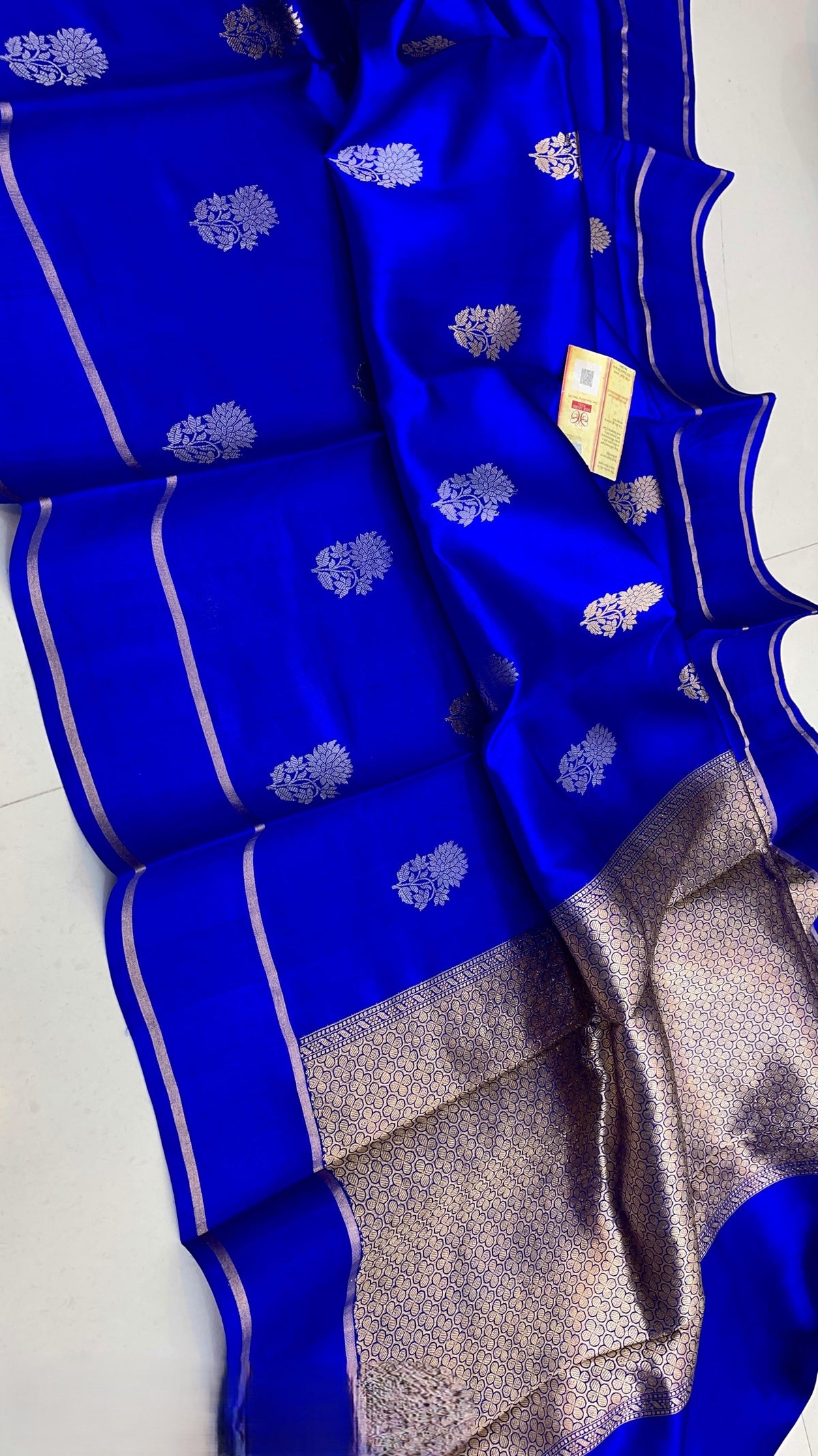 Royal Blue Banarasi Handloom Raw Mango Silk Saree with gold zari buttas and Mashru borders