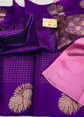 Purple Banarasi Handloom Raw Mango Silk Saree with gold zari checks and Mashru borders