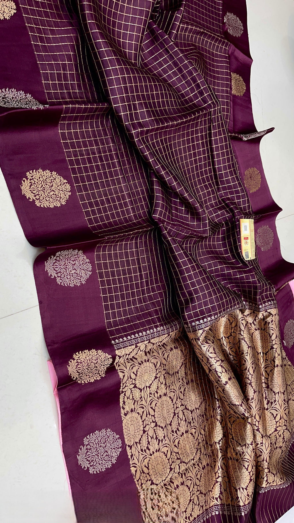 Maroon Banarasi Handloom Raw Mango Silk Saree with Mashru borders and contrast pink blouse