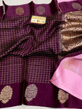 Maroon Banarasi Handloom Raw Mango Silk Saree with Mashru borders and contrast pink blouse