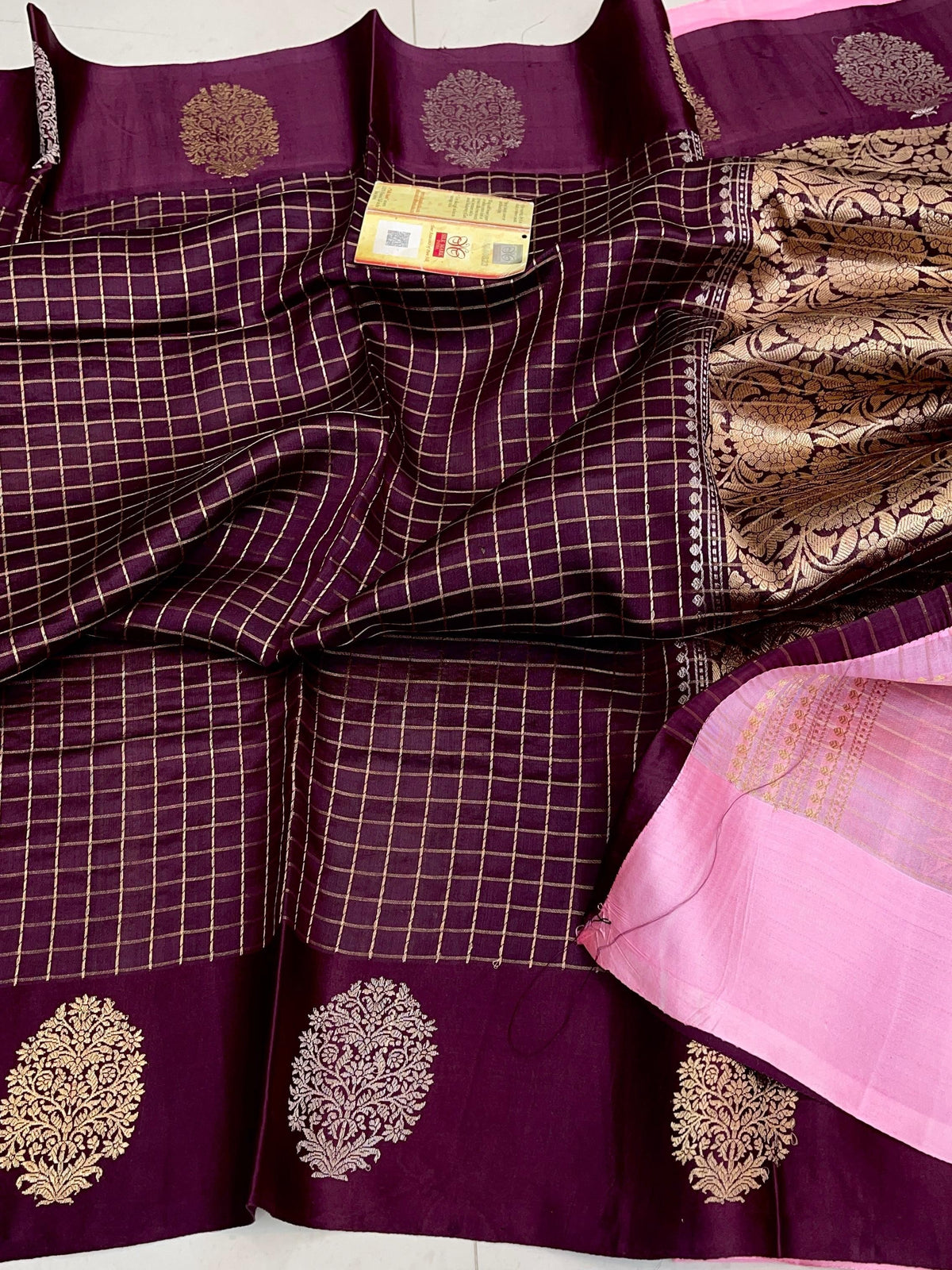 Maroon Banarasi Handloom Raw Mango Silk Saree with Mashru borders and contrast pink blouse
