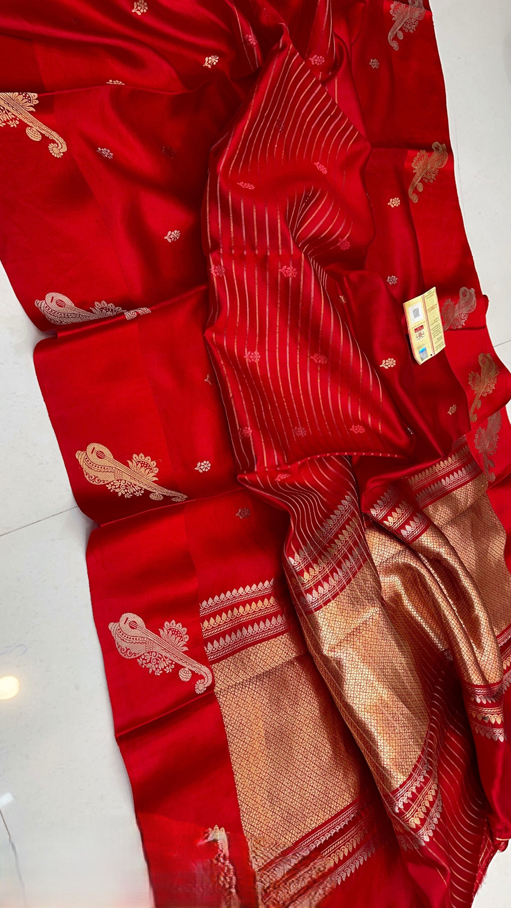 Red Banarasi Handloom Raw Mango Silk Saree with silver and gold zari buttas and Mashru borders