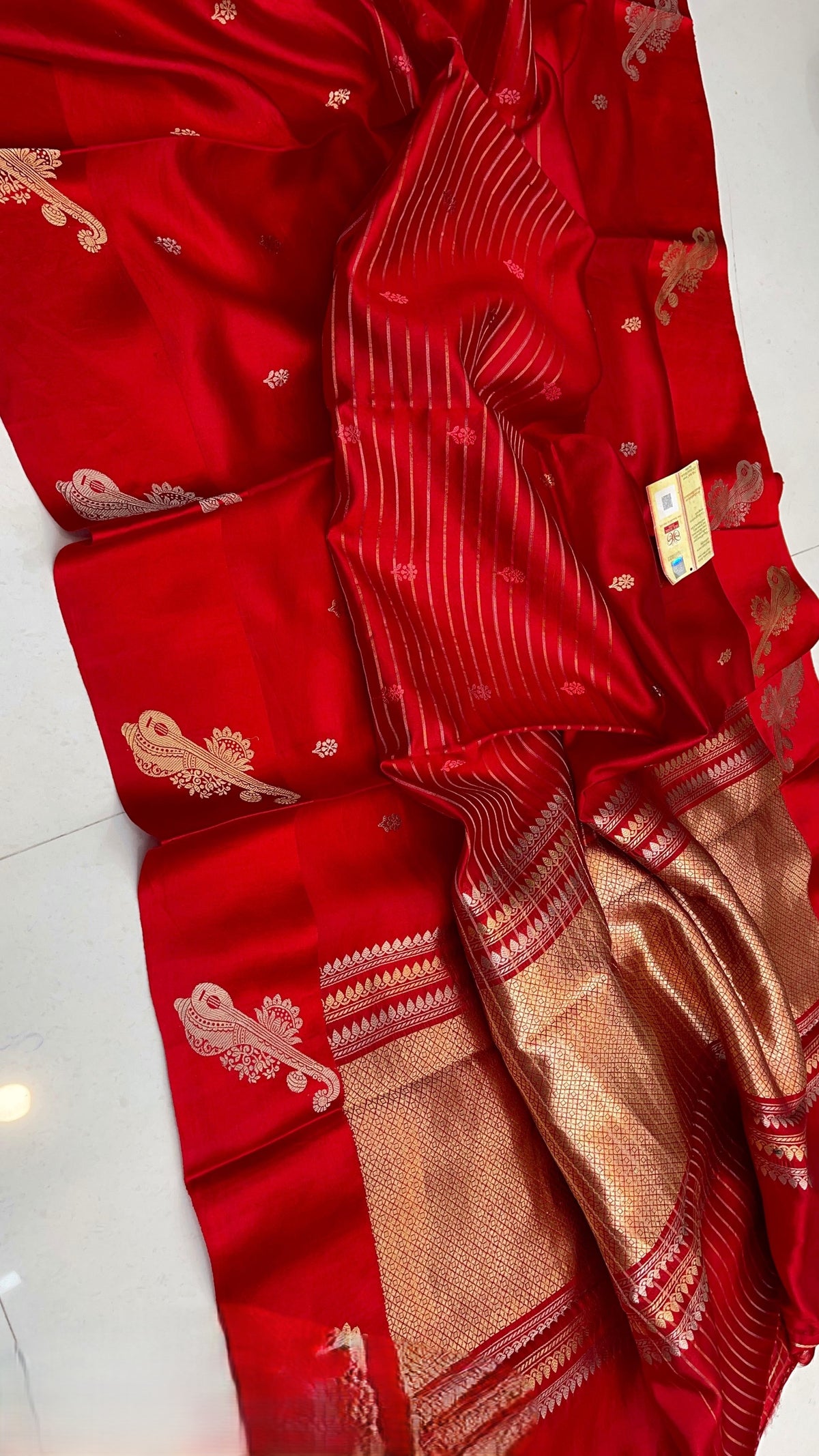 Red Banarasi Handloom Raw Mango Silk Saree with silver and gold zari buttas and Mashru borders