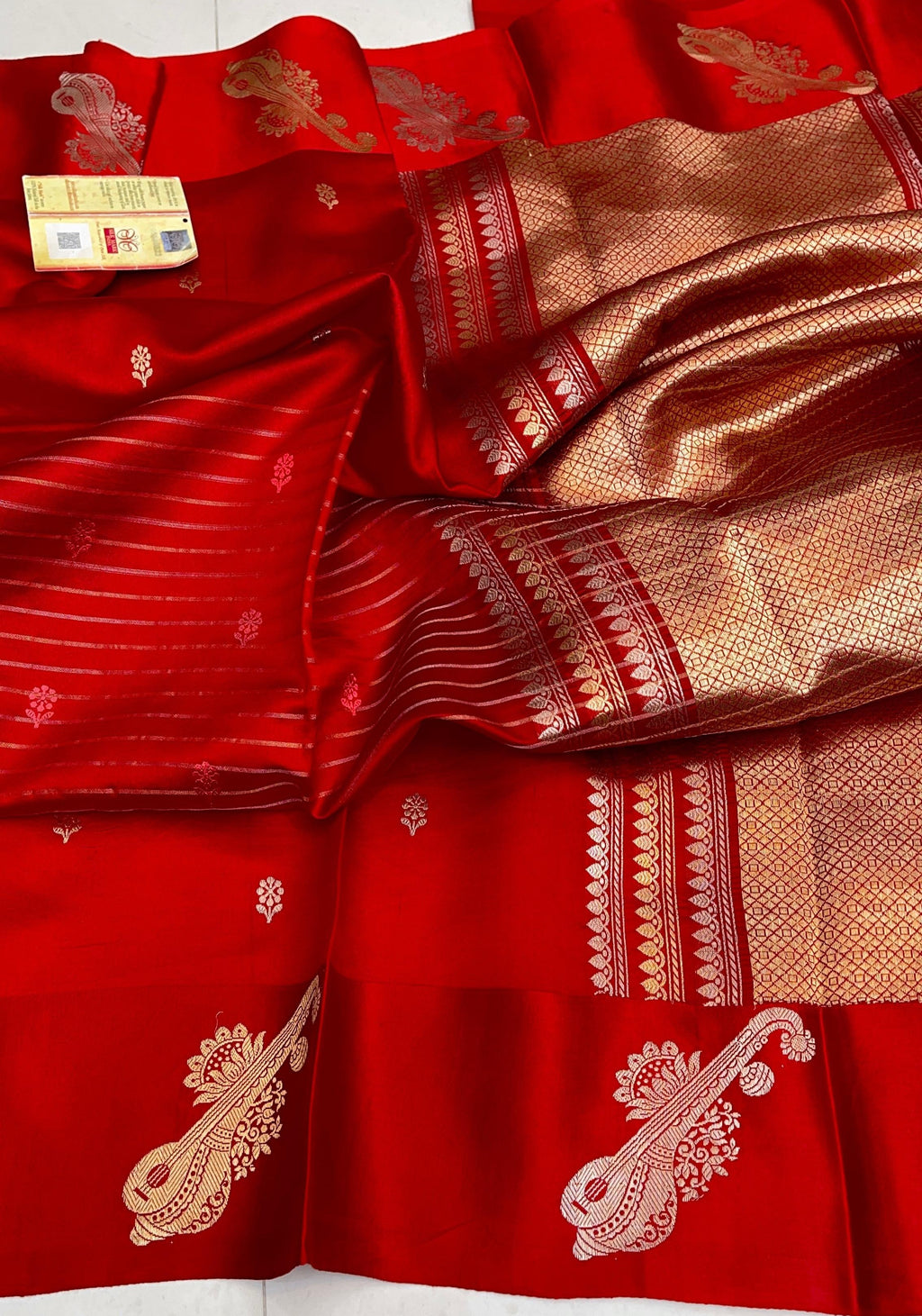 Red Banarasi Handloom Raw Mango Silk Saree with silver and gold zari buttas and Mashru borders