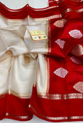 White and Red Banarasi Handloom Raw Mango Silk Saree with silver and  gold zari buttas and Mashru borders