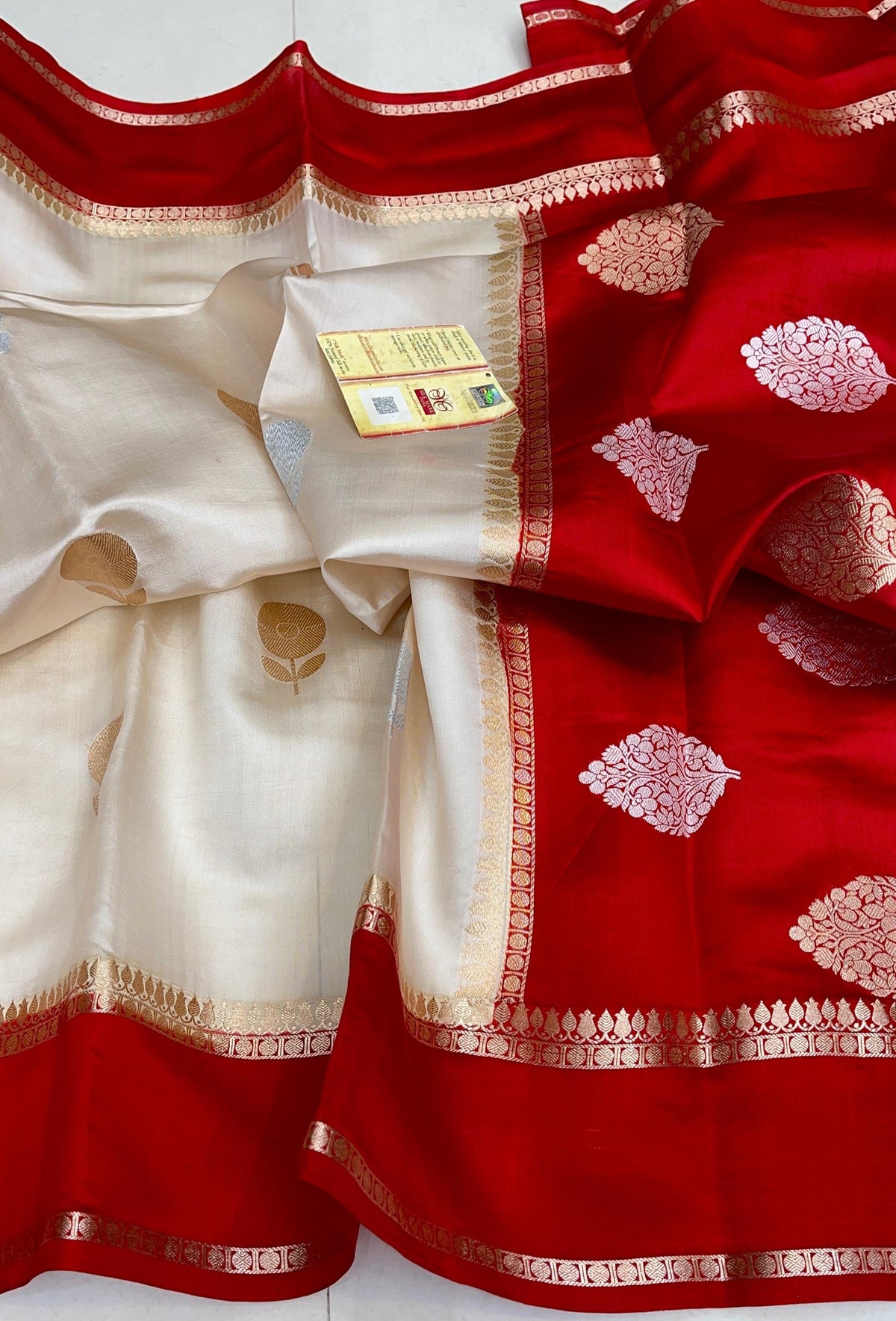 White and Red Banarasi Handloom Raw Mango Silk Saree with silver and  gold zari buttas and Mashru borders
