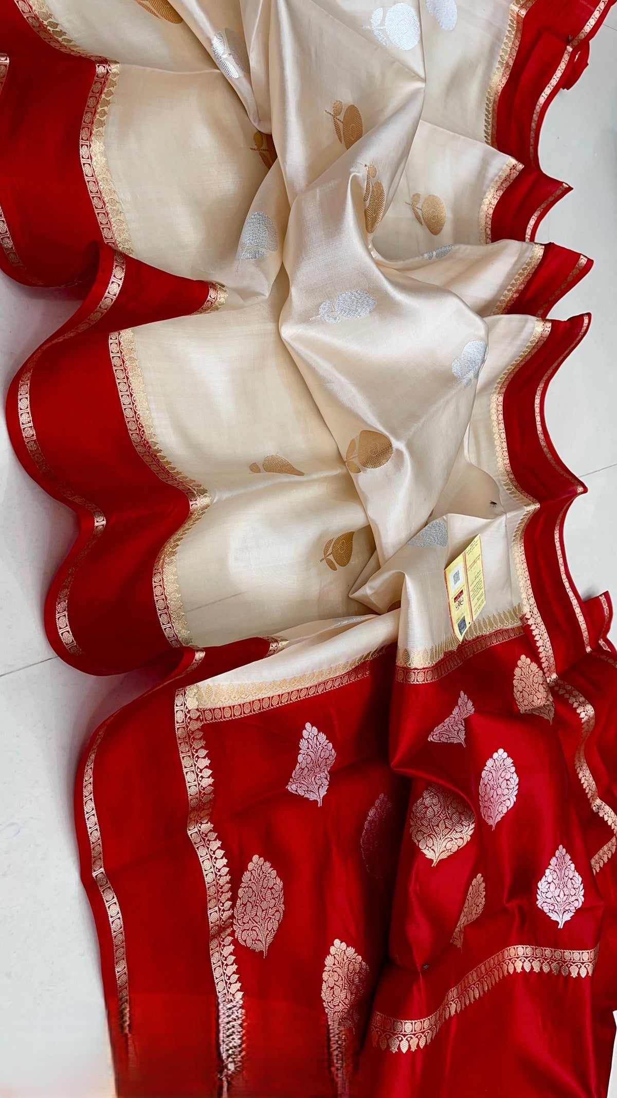 White and Red Banarasi Handloom Raw Mango Silk Saree with silver and  gold zari buttas and Mashru borders