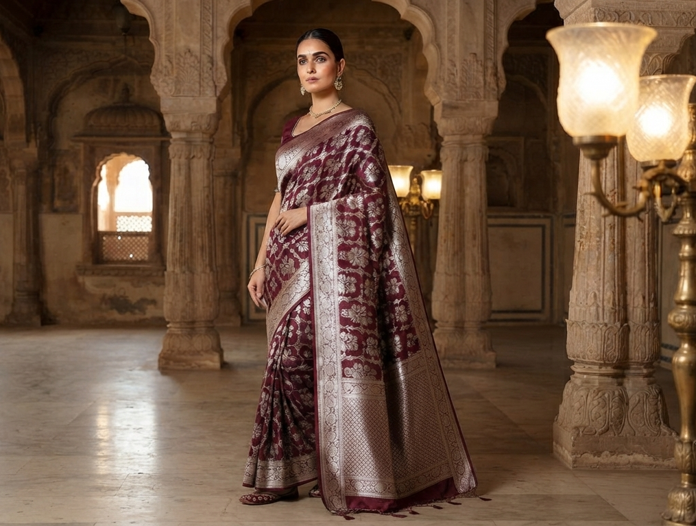 Model wearing a maroon Banarasi handloom pure georgette silk saree featuring antique silver zari work in a traditional palace setting.