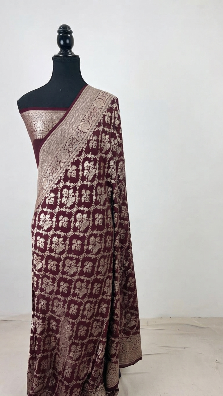 Maroon Banarasi handloom pure georgette silk saree featuring antique silver zari work in a traditional palace setting.