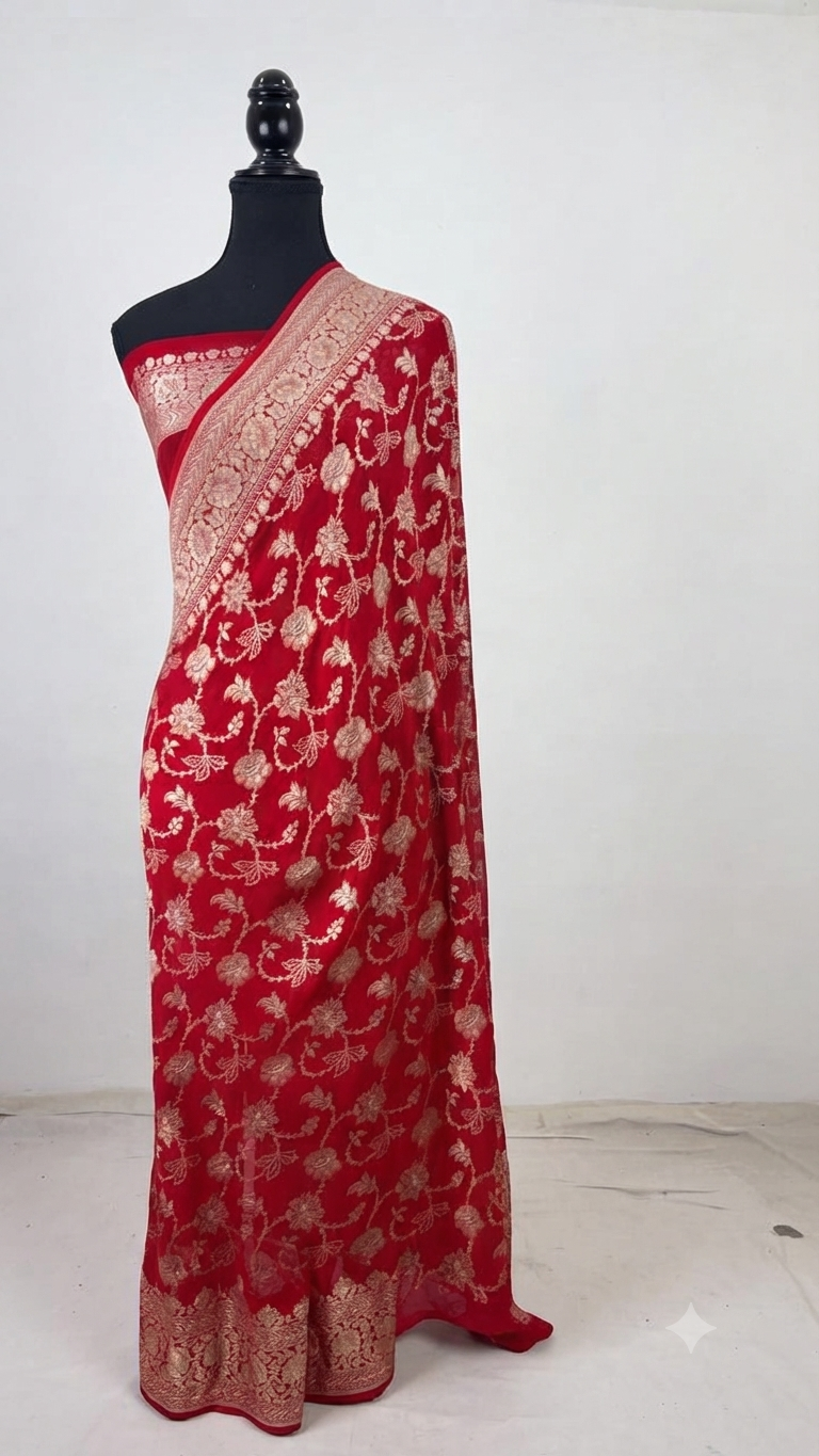 Red Banarasi handloom pure georgette silk saree featuring intricate antique zari weaving, set against an ethnic Varanasi Ghat background.