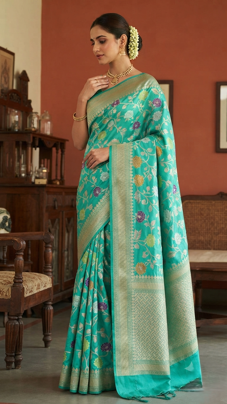 A model wearing an elegant teal Banarasi handloom Katan silk saree with intricate multi-colored Meenakari floral motifs and detailed gold zari borders.