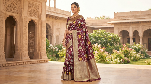 A model standing in a heritage-style courtyard, wearing a rich Burgundy Banarasi Handloom Katan Silk saree with elaborate multi-colored Meenakari floral motifs and grand gold zari borders.
