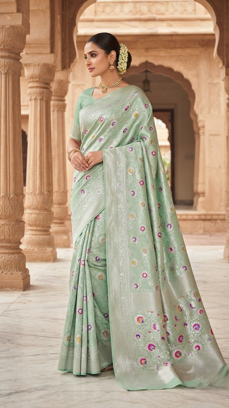 A Model Gracefully Posing In A Heritage Courtyard Wearing A Pista Green Banarasi Handloom Katan Silk Saree With Intricate Multi-Colored Meenakari Floral Motifs And Detailed Silver Zari Borders.