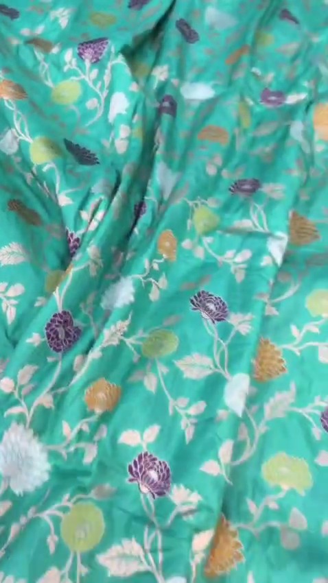 Elegant Teal Banarasi Handloom Katan silk saree with intricate multi-colored Meenakari floral motifs and detailed gold zari borders.