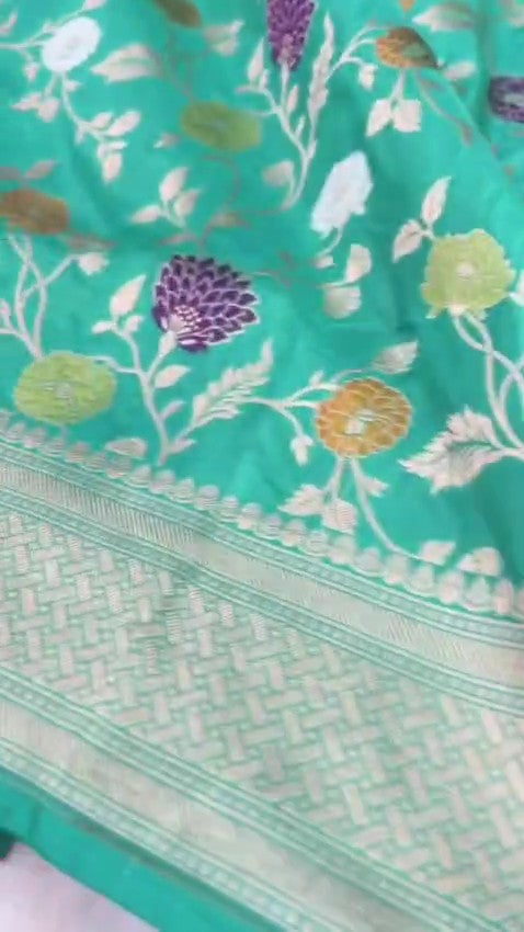Elegant Teal Banarasi Handloom Katan silk saree with intricate multi-colored Meenakari floral motifs and detailed gold zari borders.