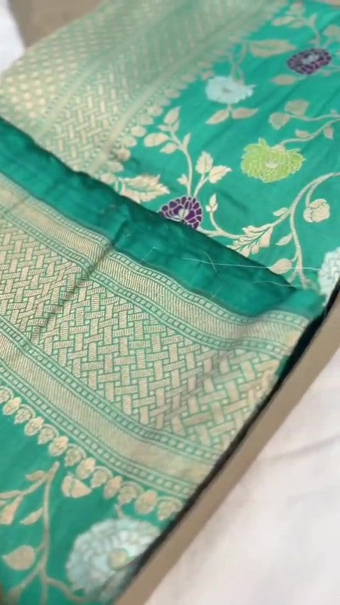 Elegant Teal Banarasi Handloom Katan silk saree with intricate multi-colored Meenakari floral motifs and detailed gold zari borders.