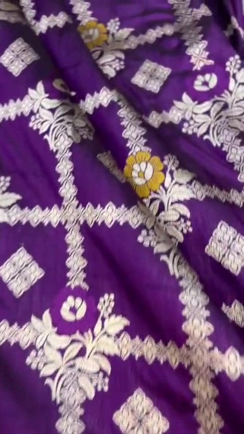 Regal Purple Banarasi Handloom Katan Silk saree with intricate multi-colored Meenakari floral motifs and detailed silver zari borders.