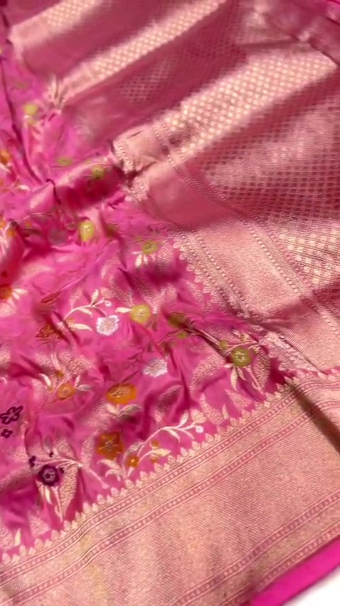 Dark pink Banarasi handloom pure katan silk saree featuring intricate gold zari weaving and colorful Meenakari floral motifs.