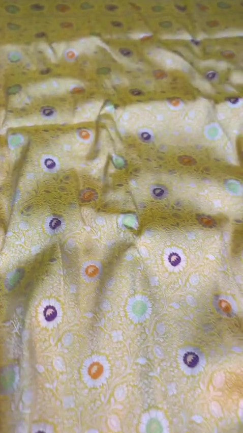 Yellow Banarasi Handloom Pure Katan Silk Saree with intricate floral jaal weave and colorful Meenakari bootis.