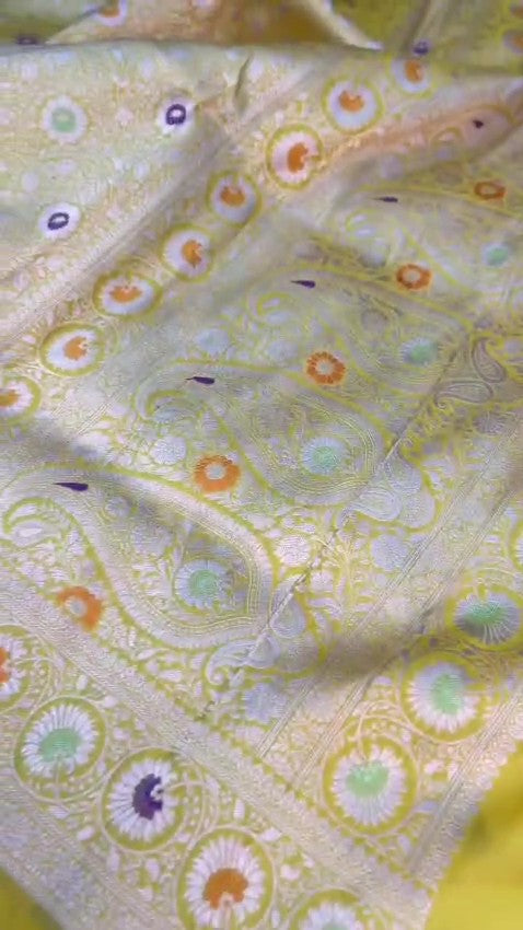 Yellow Banarasi Handloom Pure Katan Silk Saree with intricate floral jaal weave and colorful Meenakari bootis.