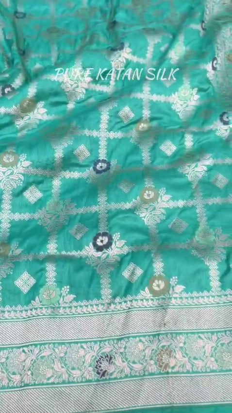 Sea Green Banarasi Handloom Pure Katan Silk Saree featuring all-over check weaves and Meenakari floral work.