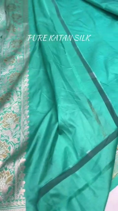 Sea Green Banarasi Handloom Pure Katan Silk Saree featuring all-over check weaves and Meenakari floral work.
