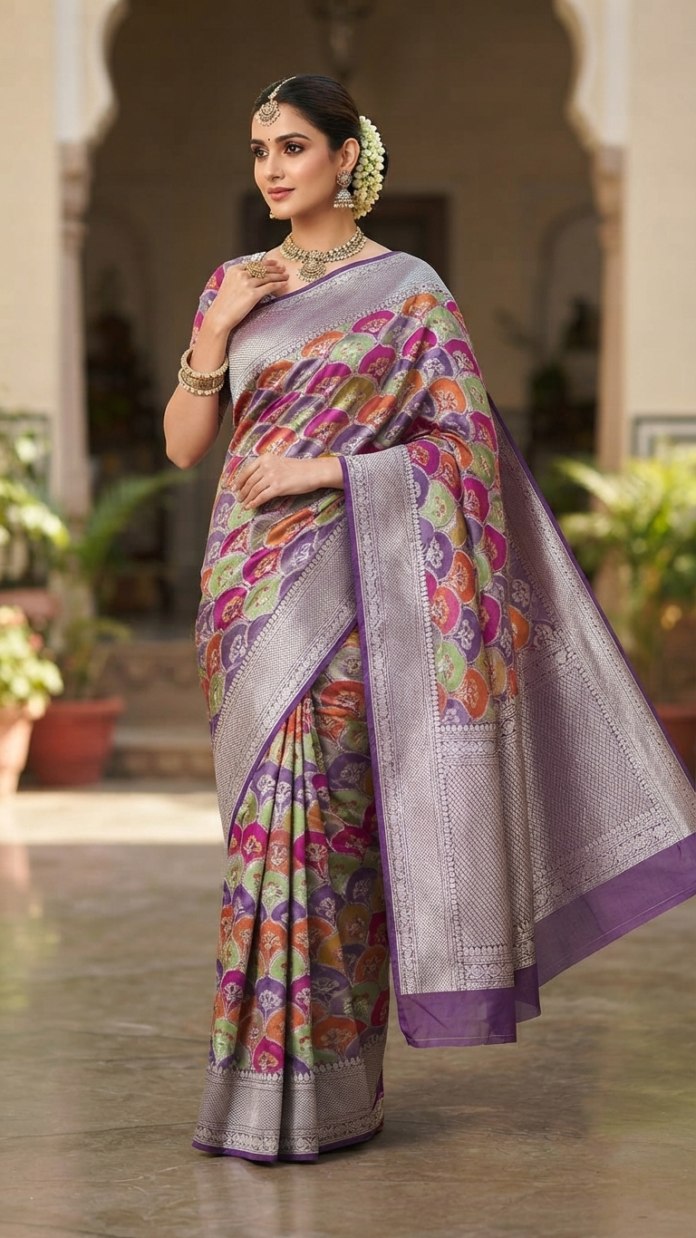 Model wearing a Lavender Banarasi handloom katan silk rangkaat meenakari saree featuring intricate zari weaving.