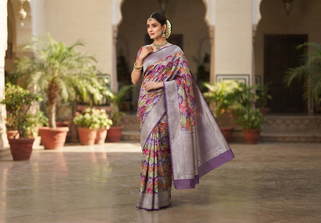 Model wearing a Lavender Banarasi handloom katan silk rangkaat meenakari saree featuring intricate zari weaving.