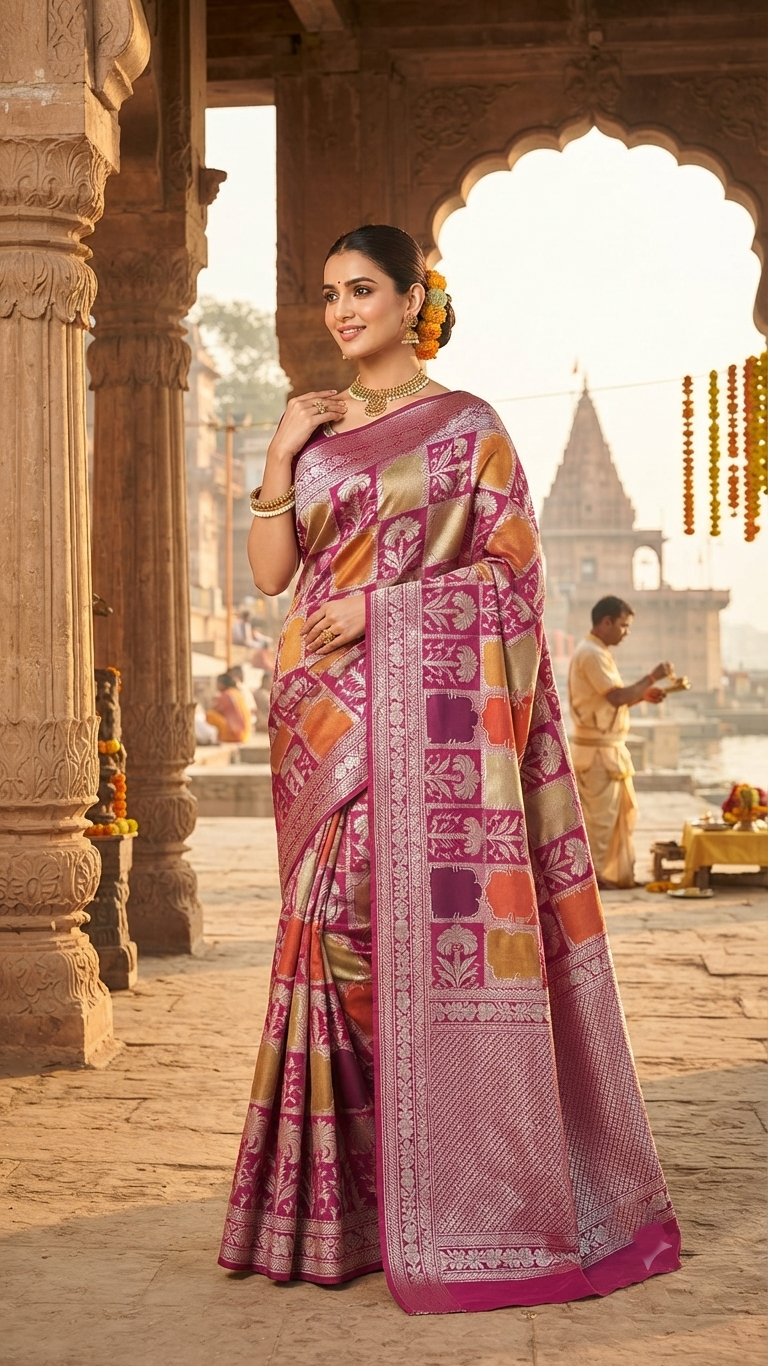 Elegant hot pink Banarasi handloom katan silk Rangkaat Meenakari saree featuring intricate zari weaving and vibrant multi-colored motifs.