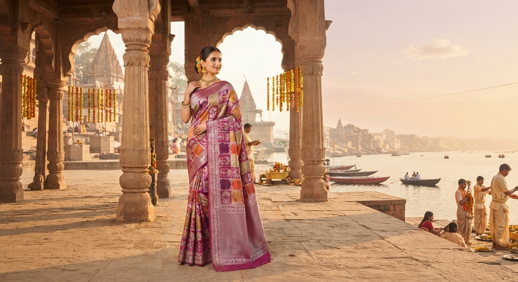Elegant hot pink Banarasi handloom katan silk Rangkaat Meenakari saree featuring intricate zari weaving and vibrant multi-colored motifs.