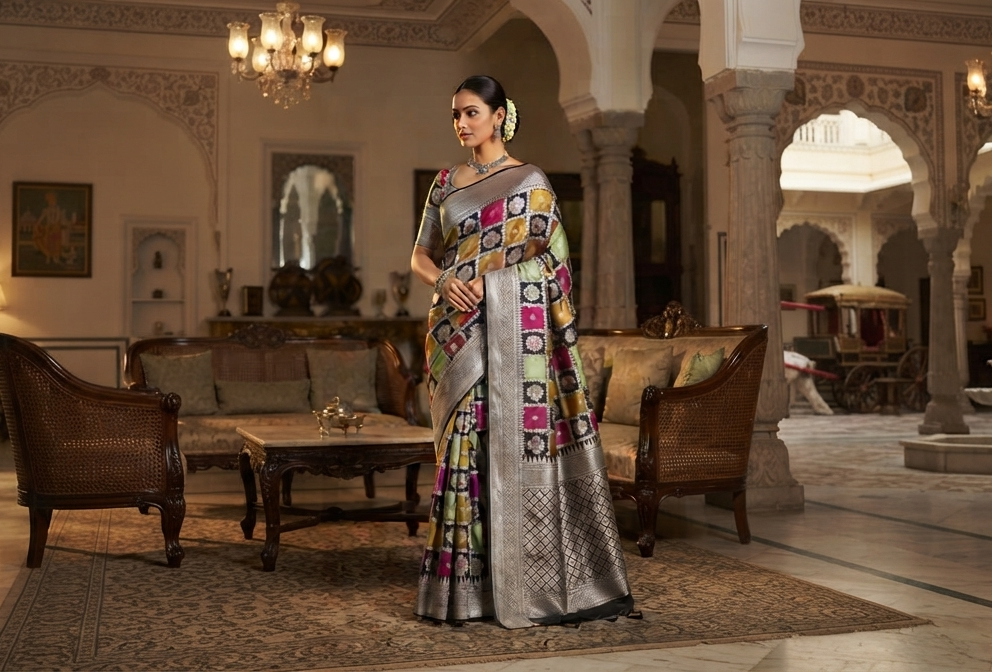 Model in a grand palace setting wearing a black Banarasi Handloom Rangkaat Katan Silk Saree featuring multicolored checks, intricate motifs, and a rich silver zari pallu.