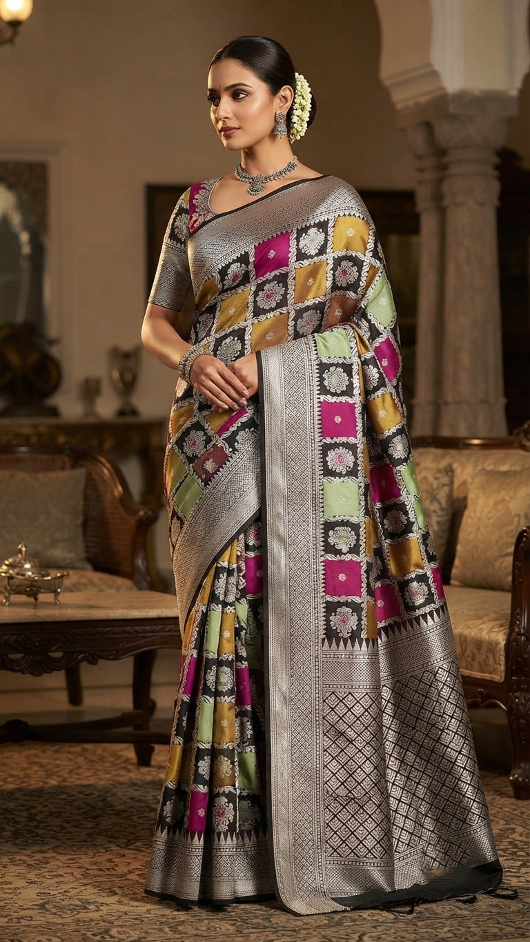 Model in a grand palace setting wearing a black Banarasi Handloom Rangkaat Katan Silk Saree featuring multicolored checks, intricate motifs, and a rich silver zari pallu.