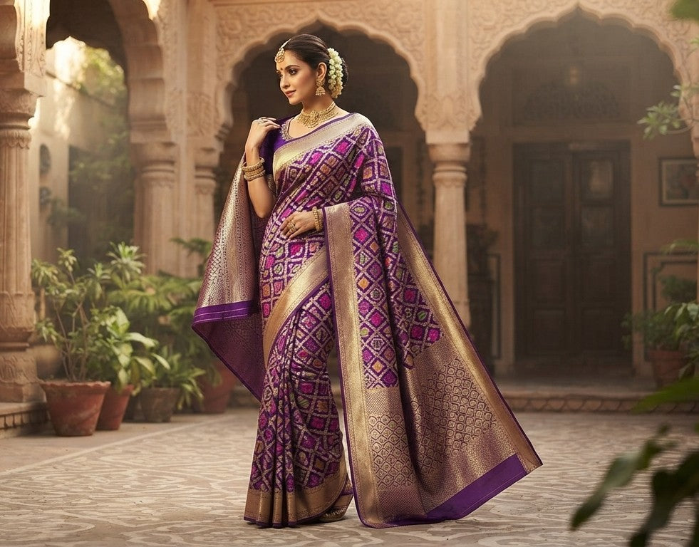 Dual Tone Purple Banarasi Handloom Pure Katan Silk Meenakari Saree with Gold Zari Weaving and Silk Mark Certification