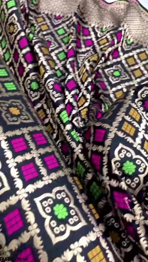 Black Banarasi Handloom Pure Katan Silk Meenakari Saree with Gold Zari Weaving and Silk Mark Certification