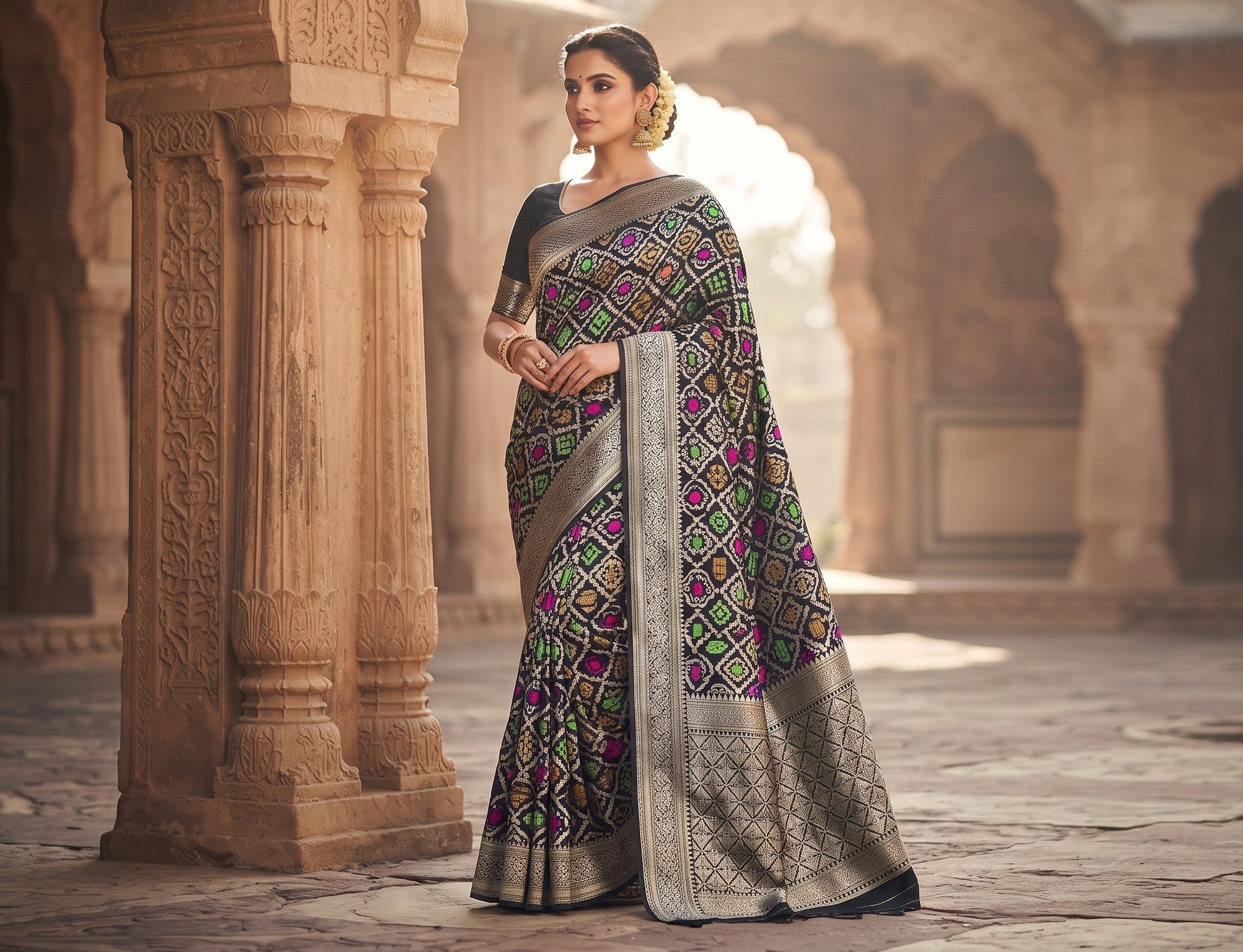 Black Banarasi Handloom Pure Katan Silk Meenakari Saree with Gold Zari Weaving and Silk Mark Certification