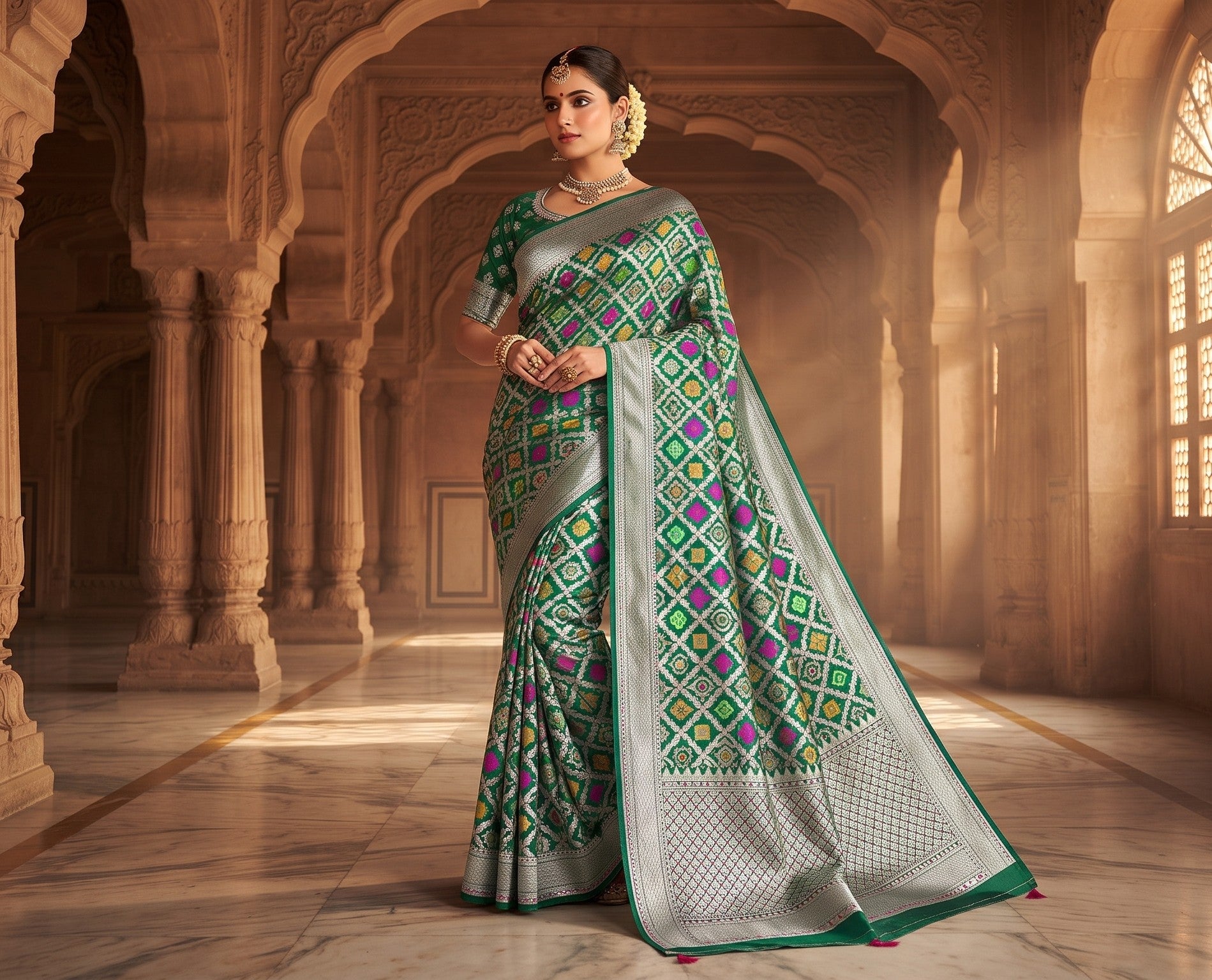 Green Banarasi Handloom Pure Katan Silk Meenakari Saree with Gold Zari Weaving and Silk Mark Certification