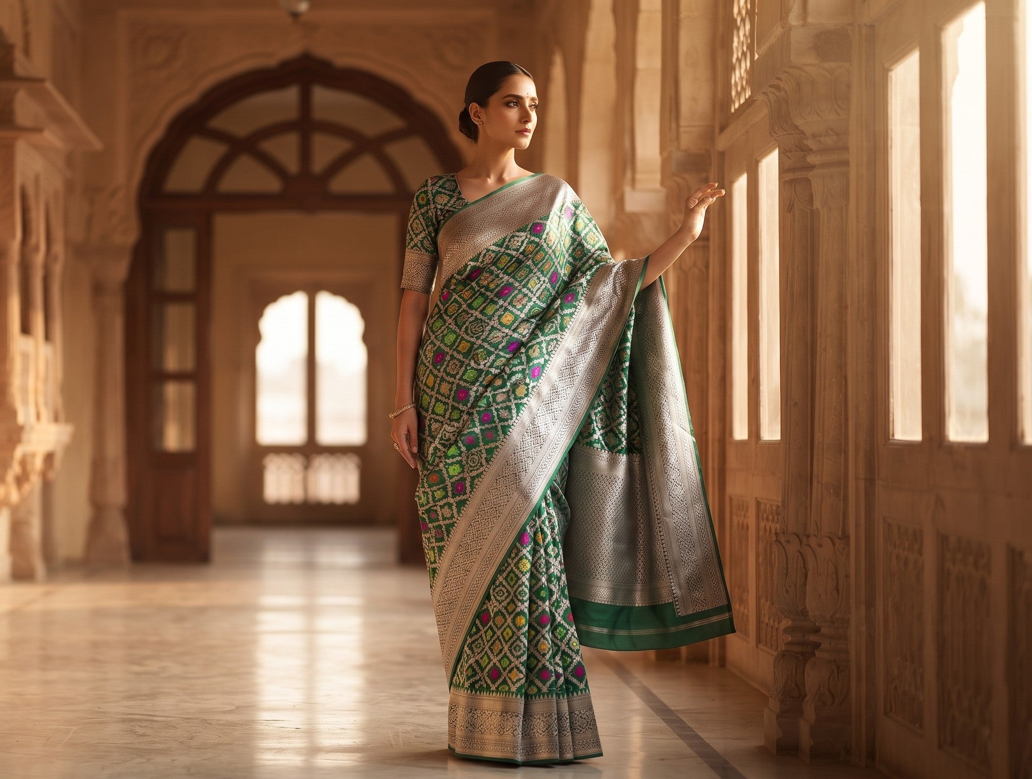 Green Banarasi Handloom Pure Katan Silk Meenakari Saree with Gold Zari Weaving and Silk Mark Certification