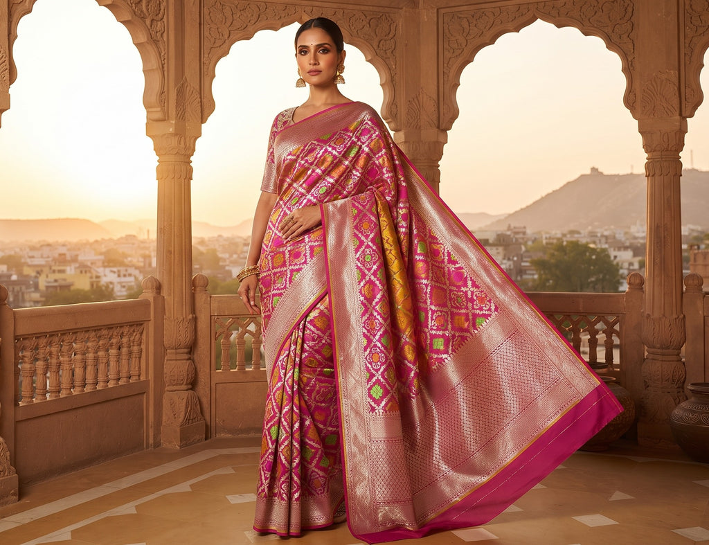 Dual Tone Pink Banarasi Handloom Pure Katan Silk Meenakari Saree with Gold Zari Weaving and Silk Mark Certification