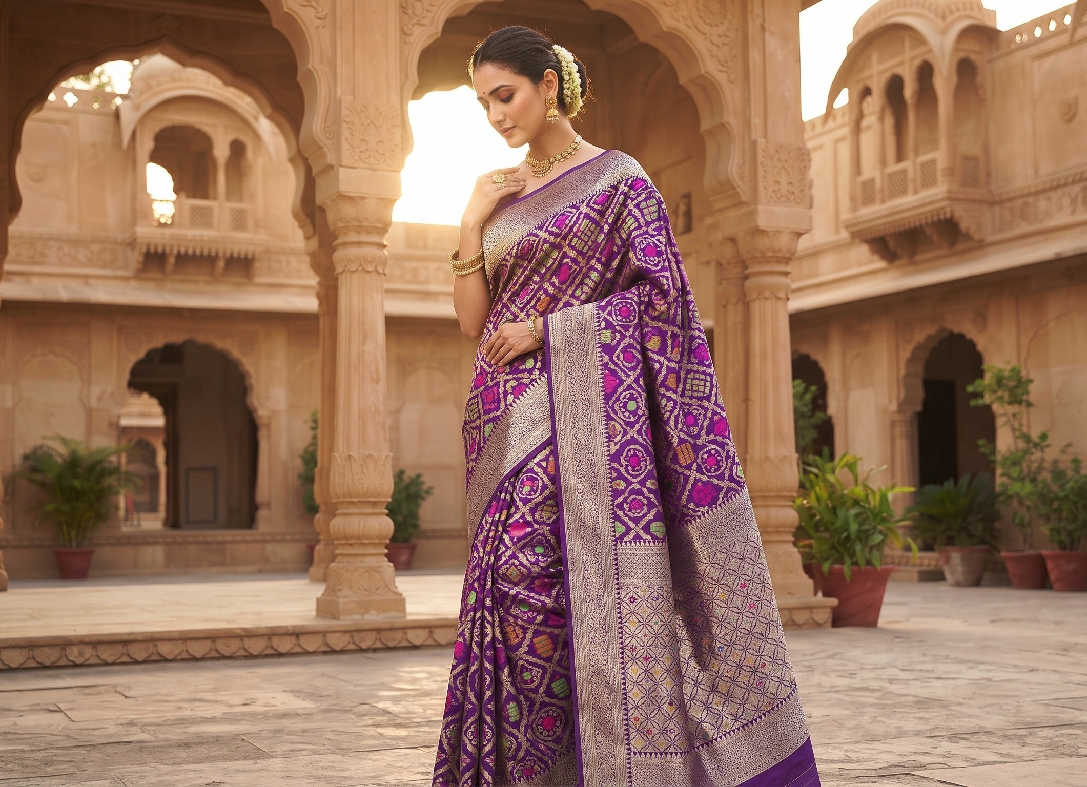 Dual Tone Purple Banarasi Handloom Pure Katan Silk Meenakari Saree with Gold Zari Weaving and Silk Mark Certification