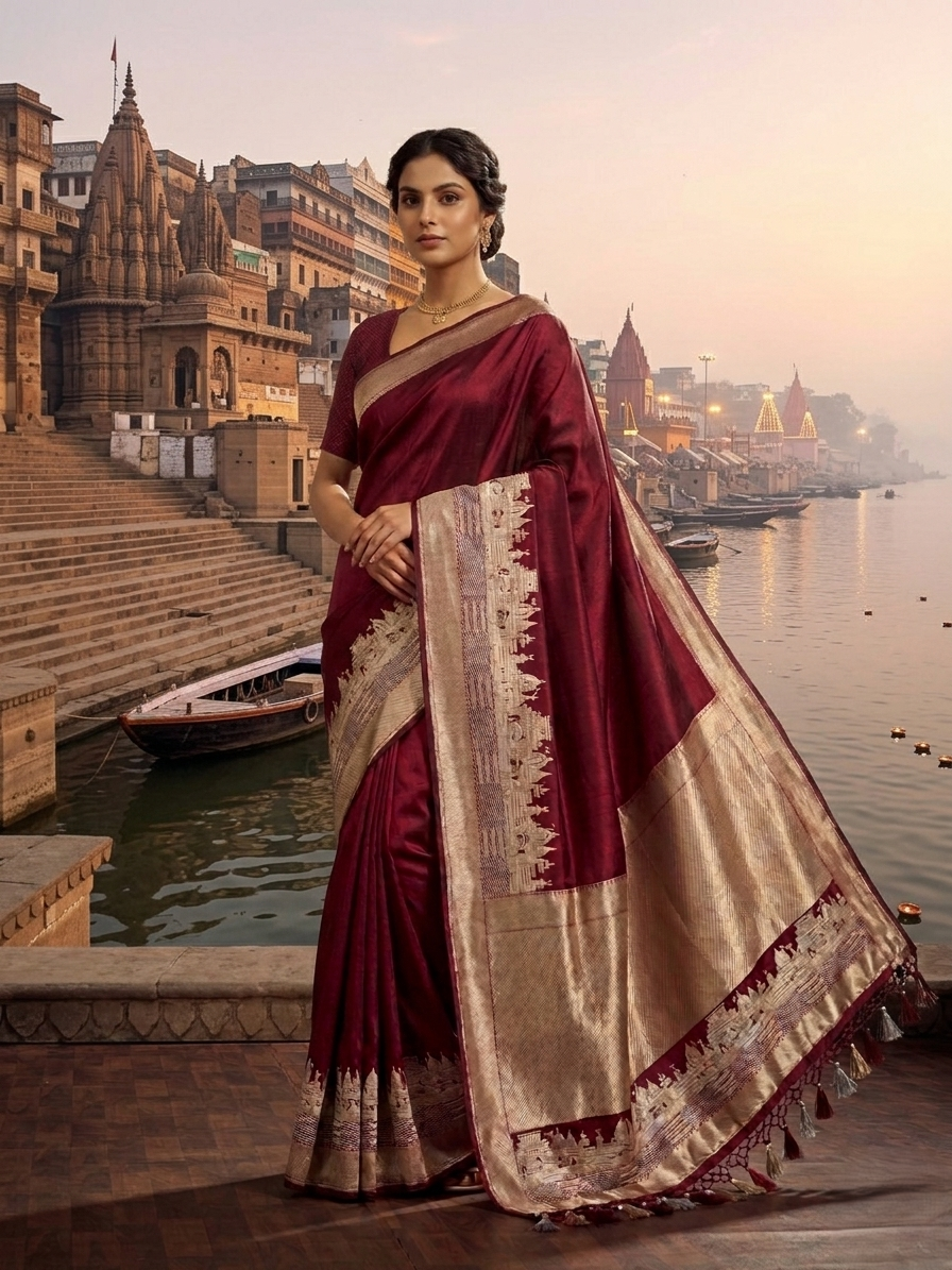 Royal maroon Katan silk saree with a silver and gold zari border depicting the Kashi Ghat temples, worn by a model against a Varanasi riverfront backdrop.
