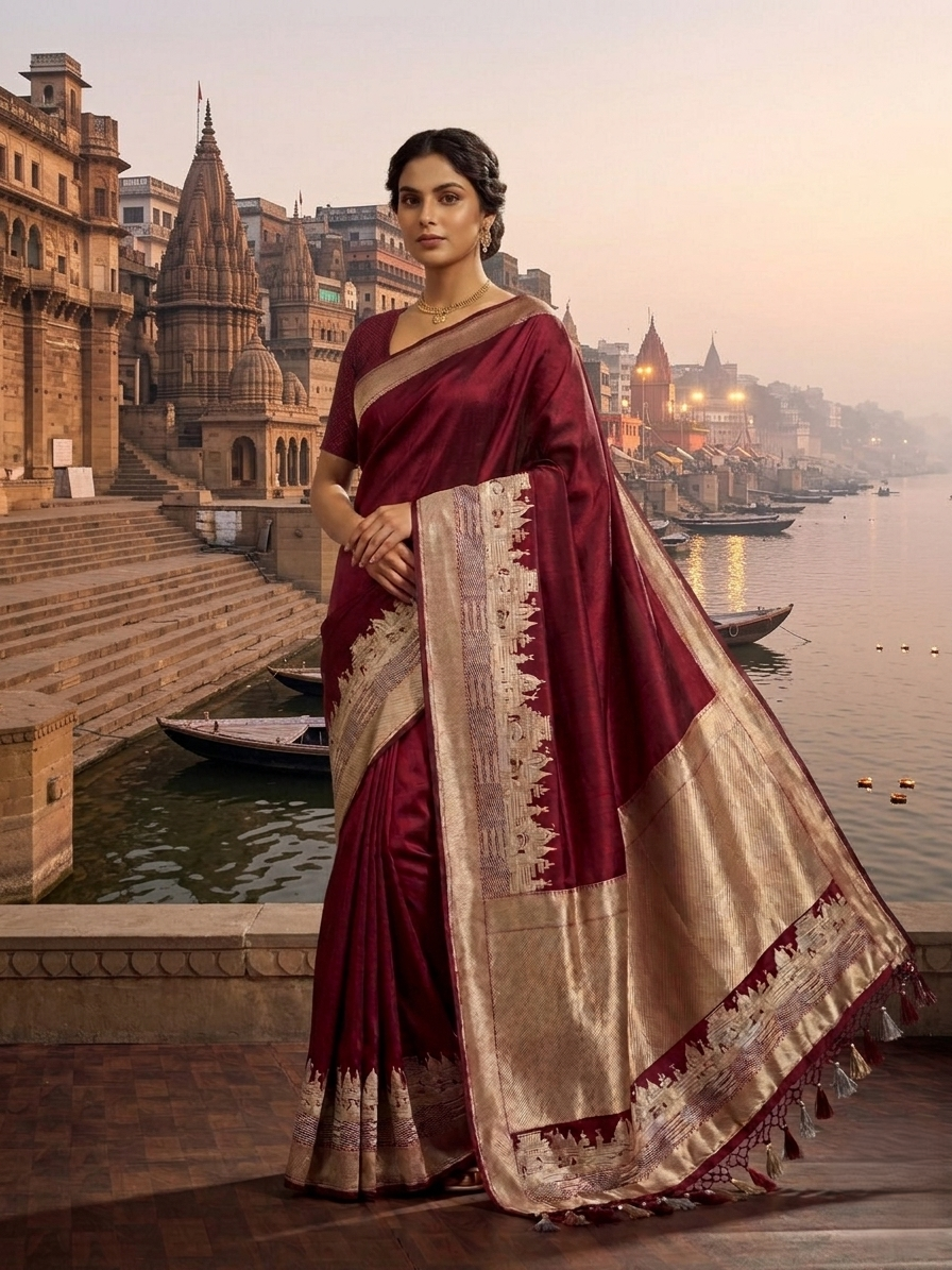 Royal maroon Katan silk saree with a silver and gold zari border depicting the Kashi Ghat temples, worn by a model against a Varanasi riverfront backdrop.